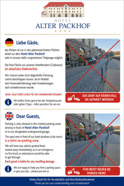 Parking information and restrictions for guests of Hotel Alter Packhof