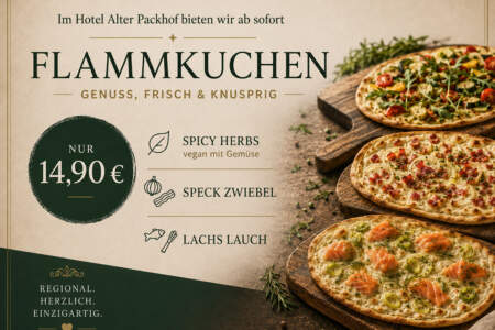 Flammkuchen im Hotel Alter Packhof in Hann. Münden – Spicy Herbs, Speck Zwiebel und Lachs Lauch ab 14,90 €